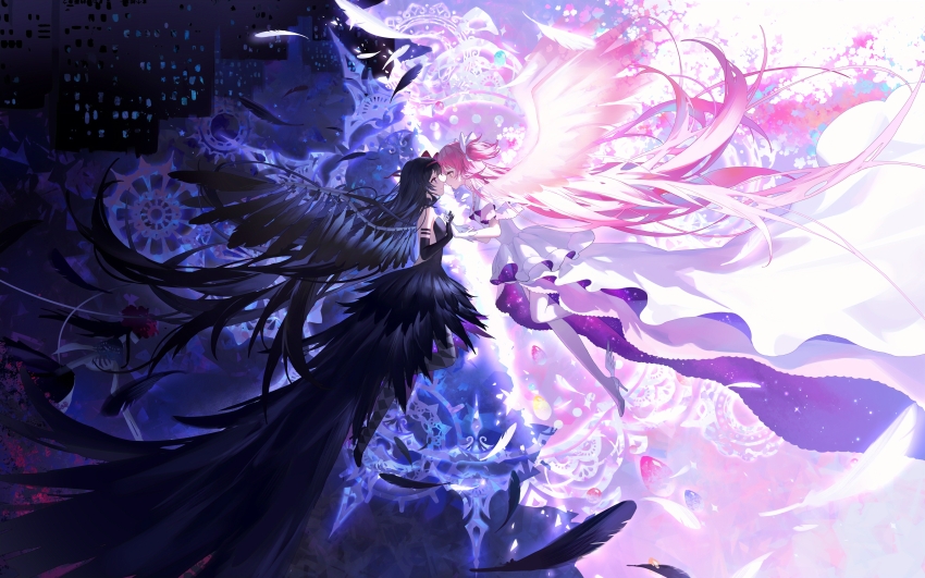 2girls, abstract_background, absurdres, acr_(dash), akemi_homura, akuma_homura, angel_and_devil, angel_wings