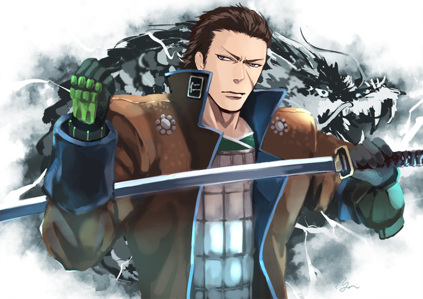 1boy, :|, armor, blue_eyes, brown_coat, brown_hair, closed_mouth, coat
