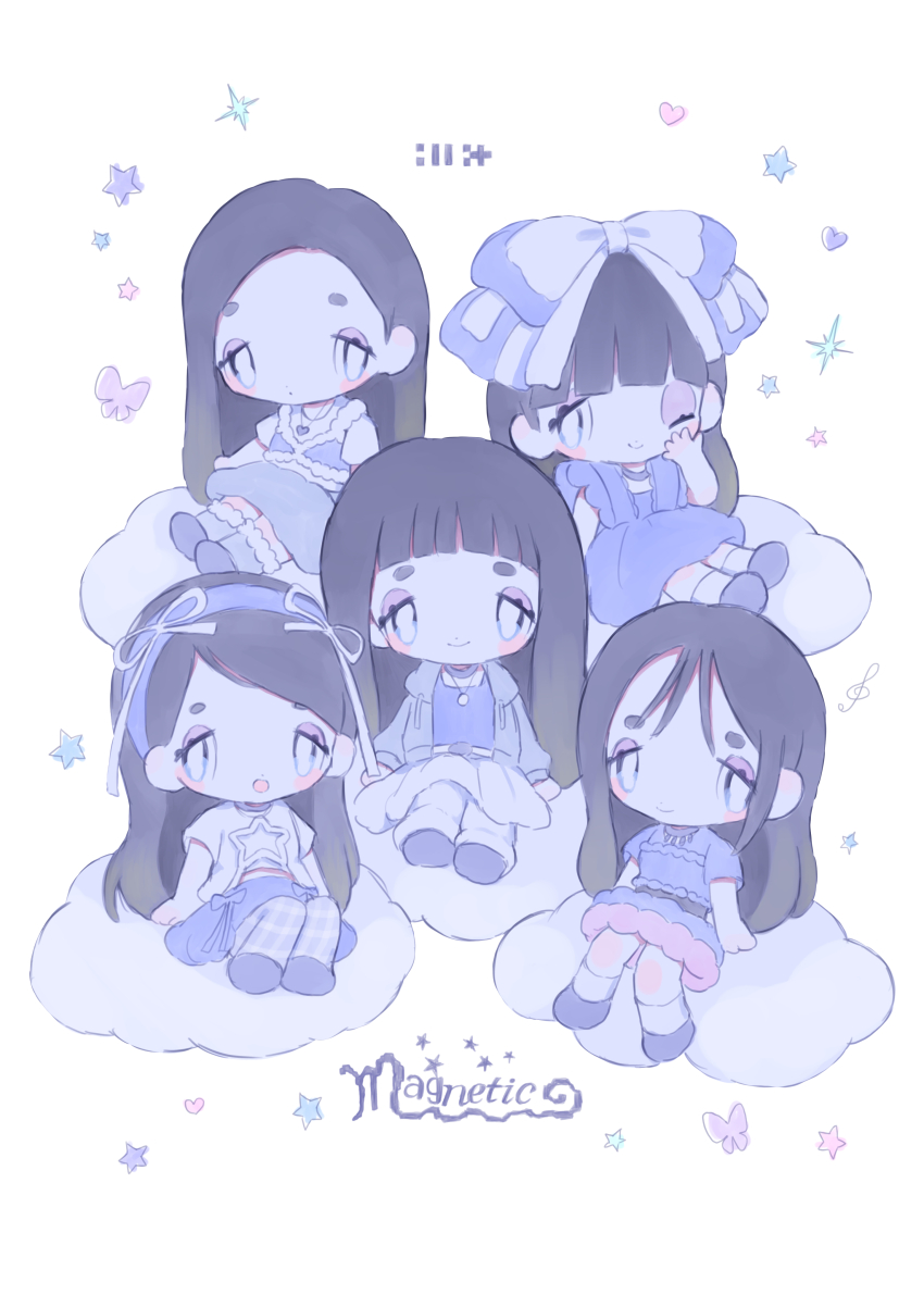 5girls, absurdres, black_hair, bug, butterfly, chibi, cloud, heart