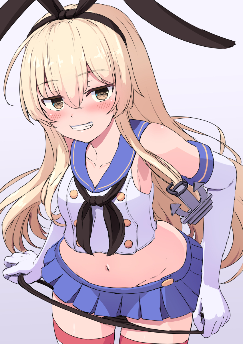 1girl, anchor_hair_ornament, black_hairband, black_neckerchief, black_panties, blonde_hair, blue_sailor_collar, blue_skirt