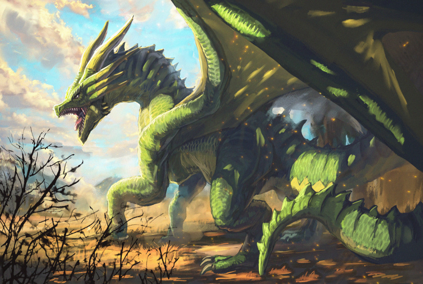 absurdres, backward-facing_horns, claws, creature, dragon, dragon_claw, dragon_wings, fantasy