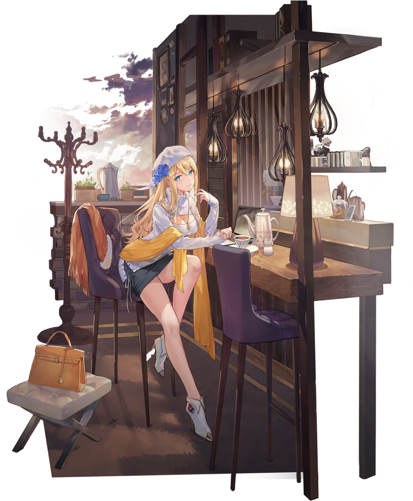 1girl, artist_request, bag, black_skirt, black_surge_night, blonde_hair, blue_eyes, blue_flower, breasts, chair, cleavage_cutout, clothing_cutout, cup, flower, hair_between_eyes, hat, hat_flower, high_heels, highres, jewelry, lamp, long_hair, long_sleeves, looking_at_viewer, medium_breasts, necklace, official_art, pencil_skirt, queen_elizabeth_(black_surge_night), saucer, sitting, skirt, sleeves_past_wrists, solo, stool, sweater, teapot, turtleneck, turtleneck_sweater, white_footwear, white_sweater