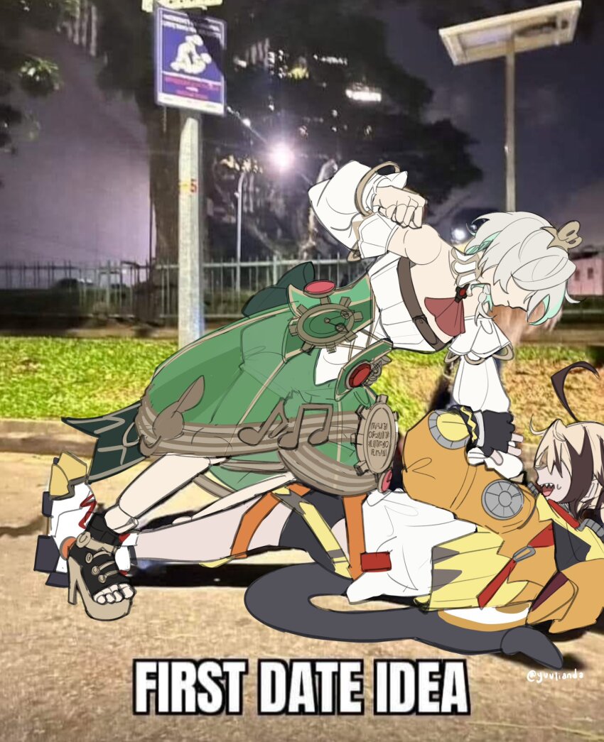 2girls, ahoge, artist_name, black_gloves, brown_hair, cecilia_immergreen, cecilia_immergreen_(1st_costume), clenched_hand, detached_collar, detached_sleeves, dress, english_text, fingerless_gloves, first_date_idea_(meme), from_side, gears, gigi_murin, gigi_murin_(1st_costume), gloves, gold_trim, grass, green_dress, hand_up, highres, hololive, hololive_english, hood, hood_down, hoodie, huge_ahoge, impact_(font), long_sleeves, lying, meme, multicolored_hair, multiple_girls, musical_note, night, on_back, orange_hoodie, orange_shrug, outdoors, photo-referenced, photo_background, profile, sharp_teeth, shrug_(clothing), standing, teeth, two-tone_hair, virtual_youtuber, white_footwear, white_sleeves, winding_key, yuulianda