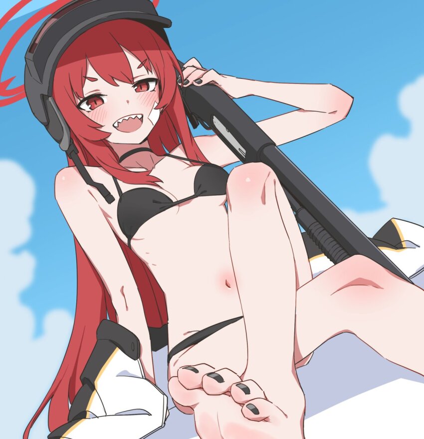 1girl, :d, altyn_helmet, barefoot, bikini, black_bikini, black_nails, blue_archive, blush, combat_helmet, gun, halo, helmet, highres, jacket, long_hair, mossberg_590, navel, open_clothes, open_jacket, open_mouth, rabu_(blue_archive), rabu_(swimsuit)_(blue_archive), raigou, red_eyes, red_hair, sharp_teeth, shotgun, smile, solo, swimsuit, teeth, weapon