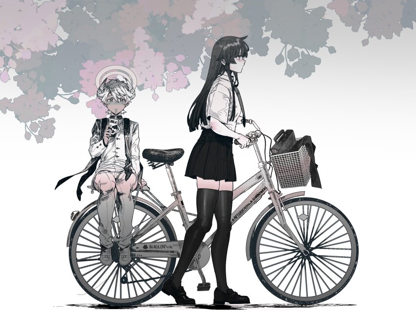 1boy, 1girl, bag, bicycle, blackcatlandr, blush, copyright_name, double_halo