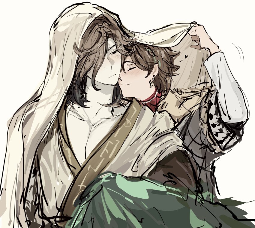 2boys, arm_up, bird_wings, bishounen, black_eyes, blush, brown_hair, chinese_clothes