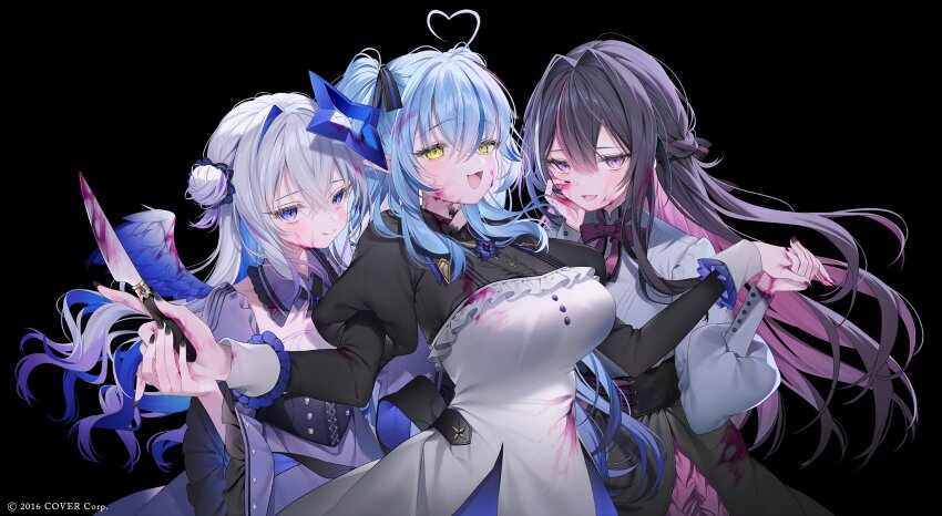 3girls, :3, :d, :q, ahoge, alternate_costume, alternate_hairstyle, amane_kanata