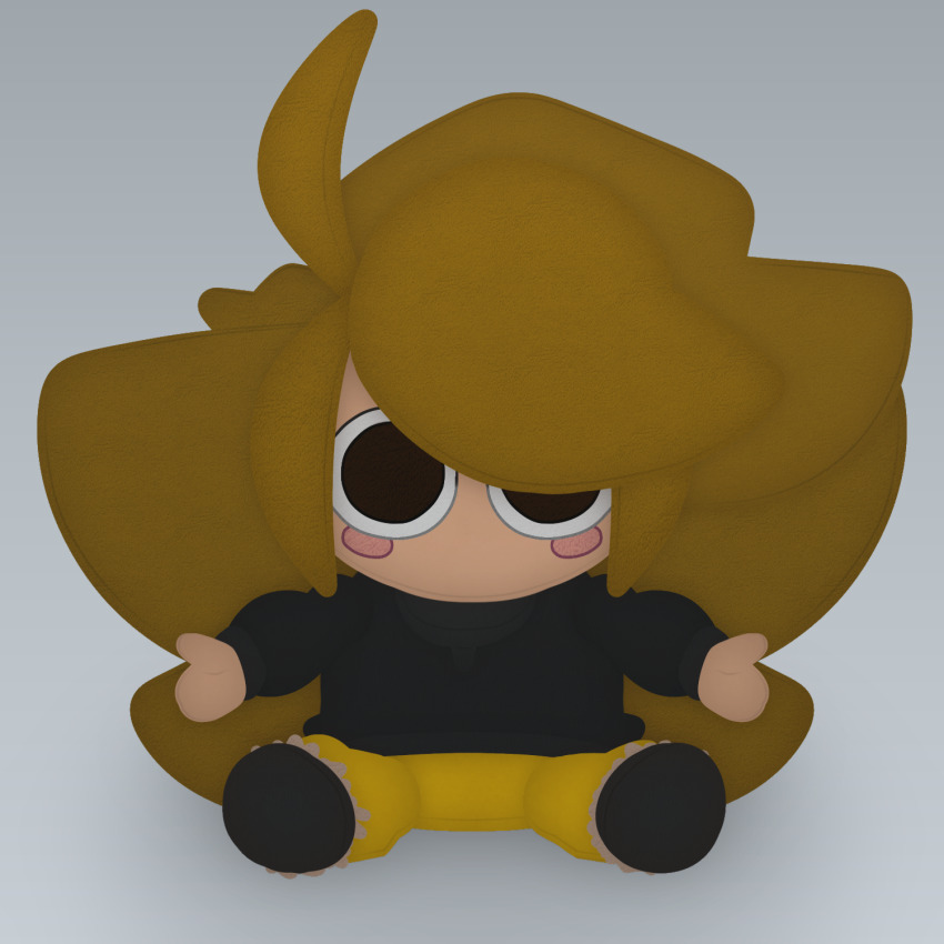 1girl, big_hair, big_head, black_footwear, black_sweater, blonde_hair, blush, boots