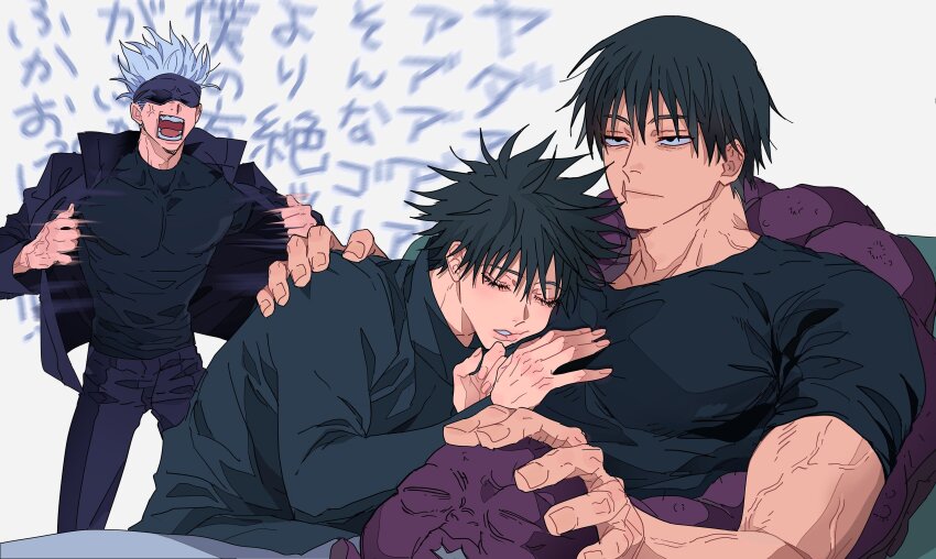 3boys, absurdres, anger_vein, angry, black_hair, black_jacket, black_pants, blindfold
