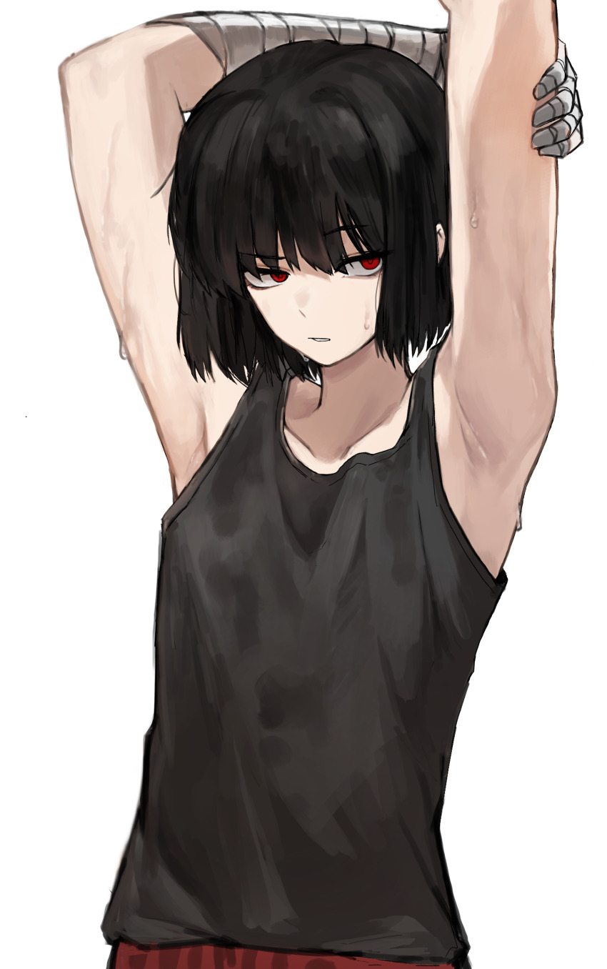 1girl, absurdres, armpits, arms_up, badnick69_(camchi), black_hair, black_tank_top, closed_mouth