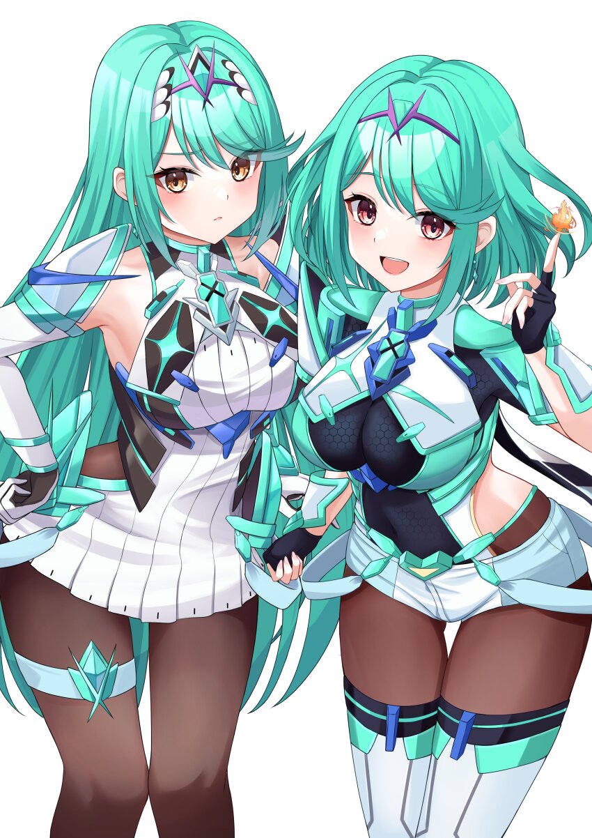 2girls, absurdres, alternate_color, alternate_hair_color, aqua_hair, arm_guards, armor, backless_outfit, bare_shoulders, black_gloves, black_pantyhose, bob_cut, breasts, brown_eyes, chest_jewel, cleavage, commentary_request, cosplay, cowboy_shot, dress, earrings, elbow_gloves, fingerless_gloves, floating_earrings, gloves, gluteal_fold, green_hair, hand_on_own_hip, hand_up, highres, jewelry, kaede_(maple4rt), large_breasts, long_hair, looking_at_viewer, microdress, multiple_girls, mythra_(massive_melee)_(xenoblade), mythra_(xenoblade), nintendo, pantyhose, pantyhose_under_shorts, pneuma_(xenoblade), pneuma_(xenoblade)_(cosplay), pyra_(xenoblade), see-through_clothes, see-through_cleavage, short_hair, short_shorts, short_sleeves, shorts, shoulder_armor, simple_background, skindentation, sleeveless, sleeveless_dress, super_smash_bros., suspenders, swept_bangs, thigh_strap, thighhighs, thighhighs_over_pantyhose, tiara, very_long_hair, white_background, white_dress, white_gloves, white_shorts, xenoblade_chronicles_(series), xenoblade_chronicles_2