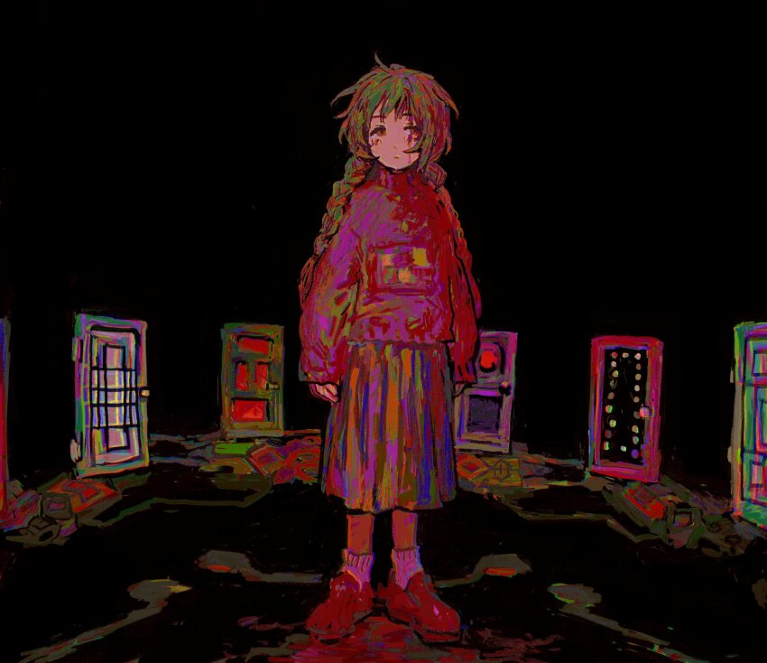 1girl, arms_at_sides, black_background, blood, blood_on_face, braid, brown_hair, closed_mouth