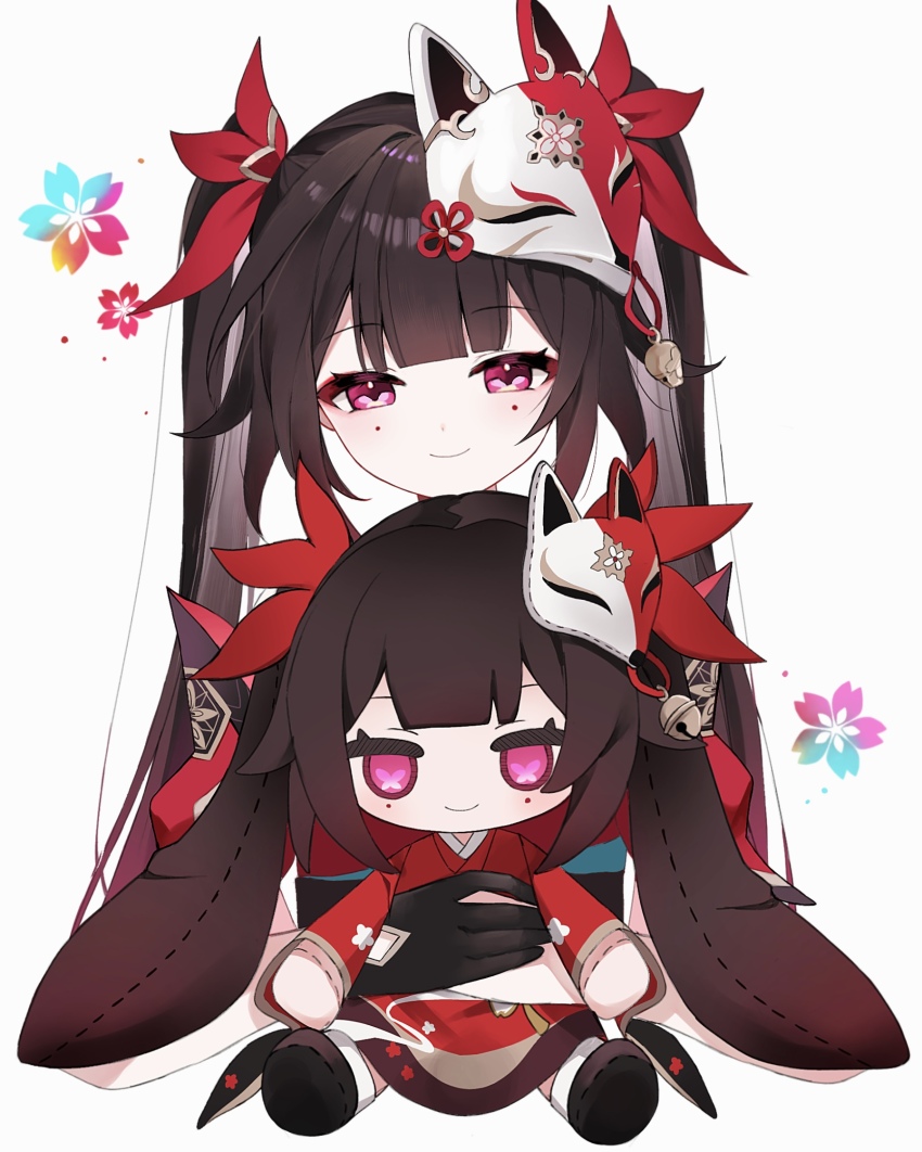 1girl, black_gloves, black_hair, character_doll, doll, facial_mark, fox_mask, gloves