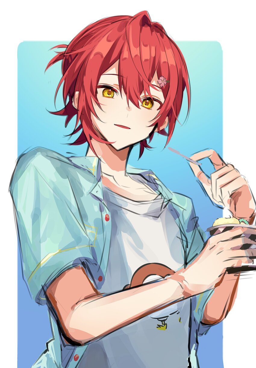 1boy, absurdres, bishounen, blue_background, border, collarbone, collared_shirt, eyelashes, flower, gradient_background, hair_between_eyes, hair_flower, hair_ornament, hanasaki_miyabi, highres, holostars, looking_at_viewer, male_focus, mg_ytm, red_hair, shirt, short_hair, simple_background, smile, solo, upper_body, virtual_youtuber, white_border, yellow_eyes