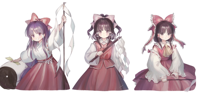 1girl, absurdres, arm_at_side, arms_up, bow, bowtie, brown_hair, closed_mouth, collared_shirt, commentary_request, cowboy_shot, flower, gohei, grey_ribbon, hair_bow, hair_ribbon, hair_tubes, hakurei_reimu, hakurei_reimu_(pc-98), hakurei_reimu_(seihou), hand_up, highly_responsive_to_prayers, highres, holding, holding_gohei, imperishable_night, japanese_clothes, light_blush, long_hair, long_sleeves, looking_at_viewer, medium_hair, miko, multiple_views, open_mouth, orb, pink_bow, pink_eyes, pink_flower, pink_ribbon, purple_eyes, purple_hair, red_bow, red_bowtie, red_skirt, red_vest, redrawn, ribbon, ribbon-trimmed_vest, ribbon_trim, sasami_(shiroi_fuwafuwa), seihou, shide, shirt, shuusou_gyoku, sidelocks, simple_background, skirt, smile, standing, touhou, touhou_(pc-98), very_long_hair, vest, white_background, white_shirt, white_vest, wide_sleeves, yin_yang, yin_yang_orb