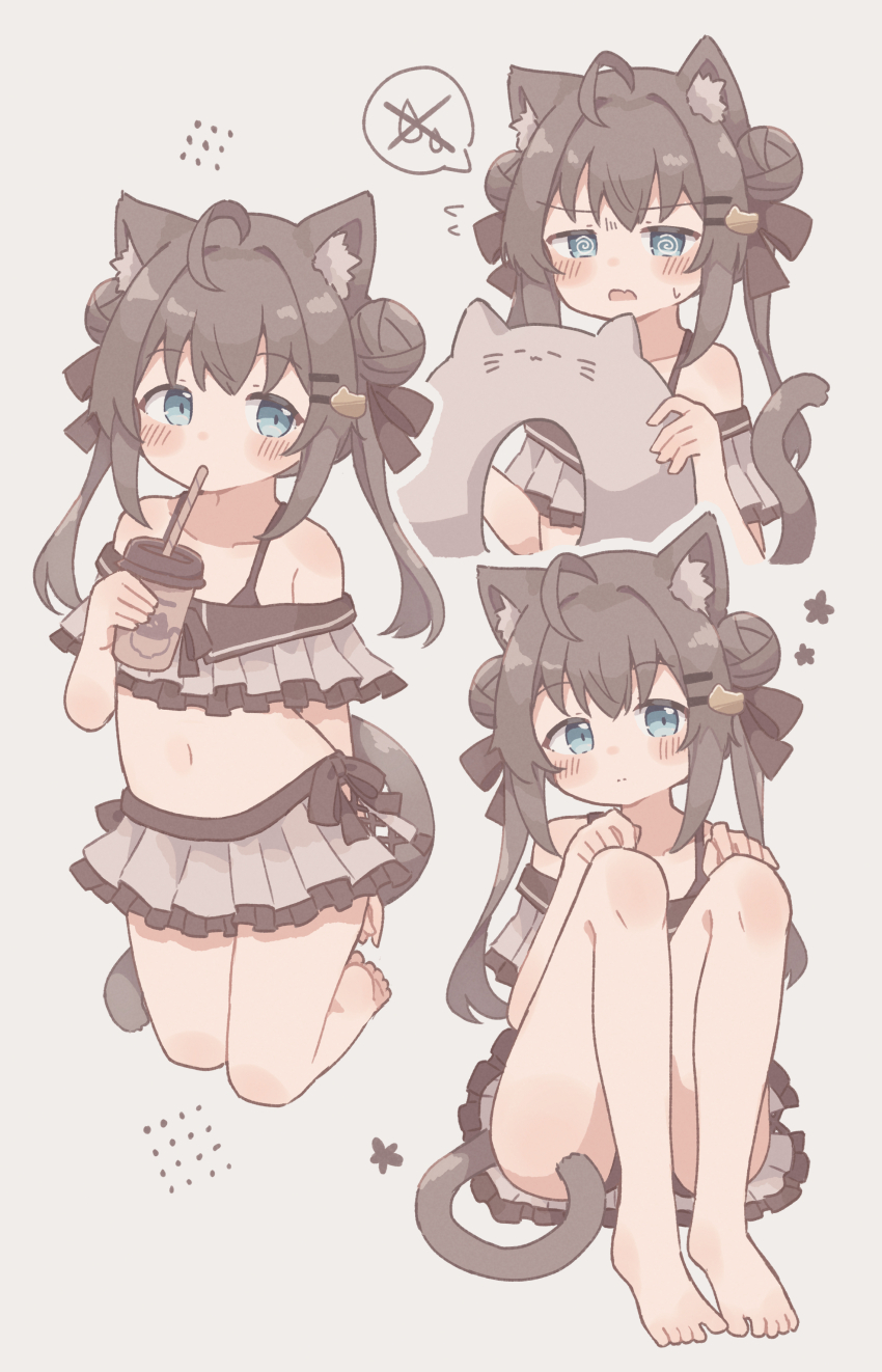 1girl, @_@, absurdres, ahoge, animal_ear_fluff, animal_ears, barefoot, biachan_(colon_br)