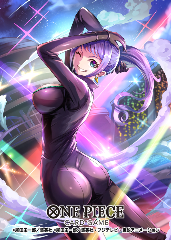 1girl, ass, black_bodysuit, blue_eyes, bodysuit, breasts, carina_(one_piece), copyright_name, dust, hokuyuu, house, large_breasts, long_hair, looking_at_viewer, looking_back, official_art, one_eye_closed, one_piece, one_piece_card_game, one_piece_film:_gold, outdoors, parted_lips, ponytail, purple_hair, smile, solo, teeth
