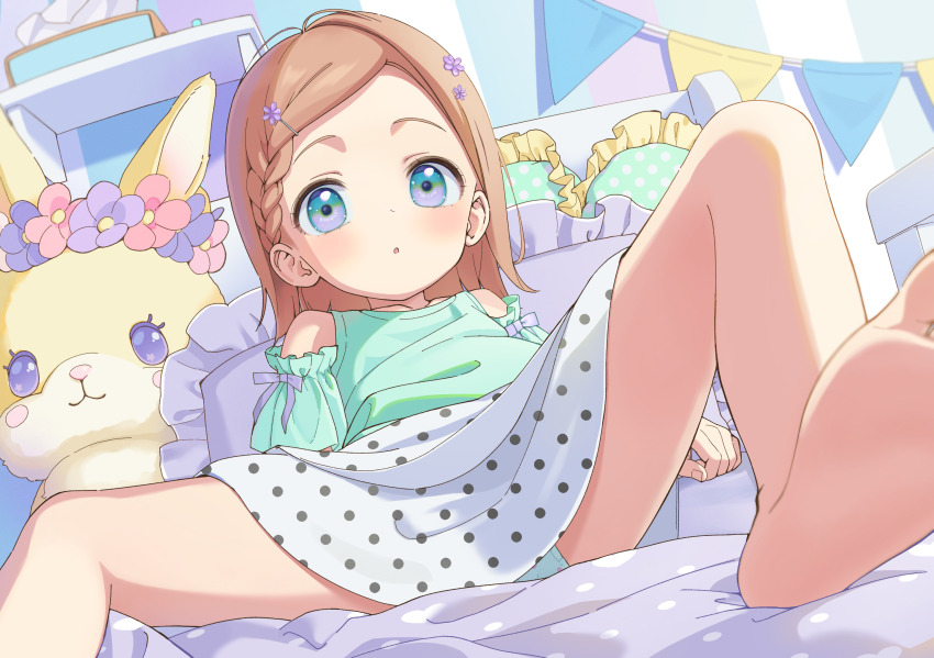 1girl, :o, aqua_shirt, barefoot, blue_panties, blush, braid, braided_bangs