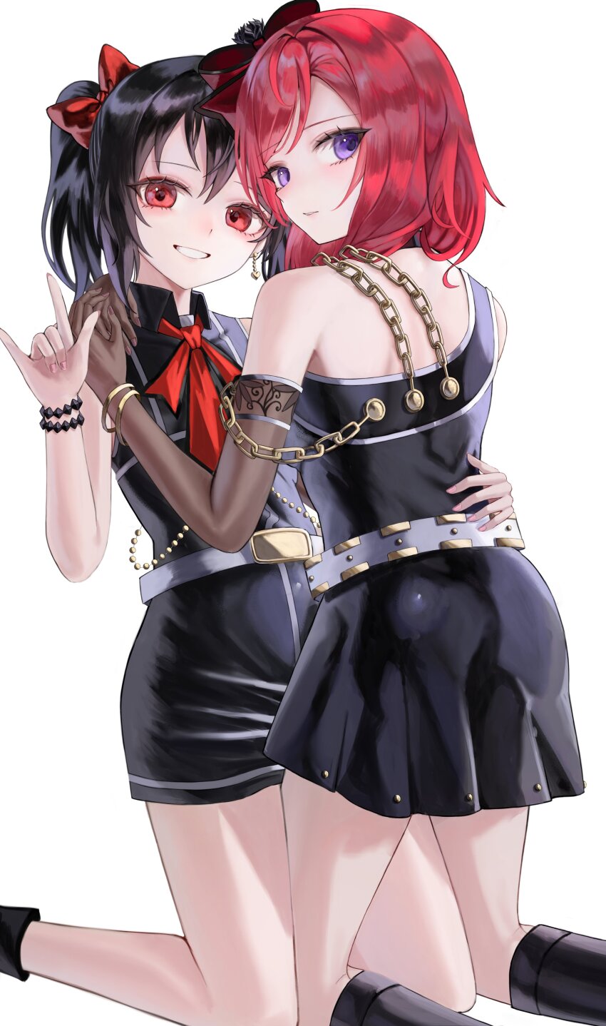 2girls, \m/, absurdres, black_dress, black_footwear, black_hair, boots, bracelet