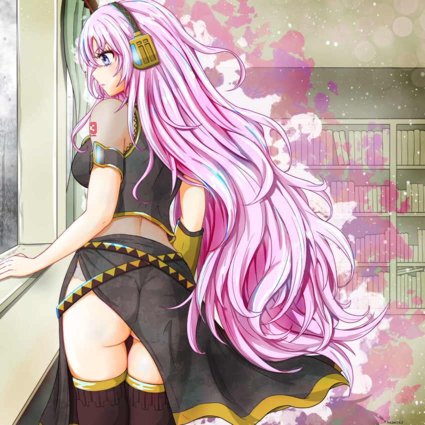 1girl, angry, arm_strap, ass, bare_shoulders, black_shirt, black_skirt, black_thighhighs, blue_eyes, book, bookshelf, breasts, commentary_request, crop_top, detached_sleeves, from_behind, gold_trim, hand_rest, headphones, highres, indoors, kazm00, long_hair, long_skirt, looking_to_the_side, medium_breasts, megurine_luka, midriff, number_tattoo, panties, pink_hair, profile, see-through_clothes, see-through_skirt, shirt, shoulder_tattoo, side_slit, skirt, sleeveless, sleeveless_shirt, solo, standing, tattoo, thighhighs, thighs, underwear, very_long_hair, vocaloid, white_panties, window