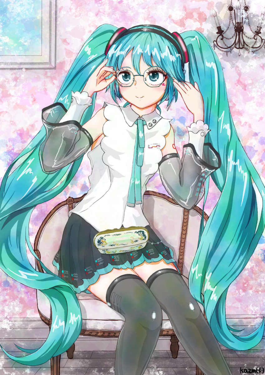 1girl, adjusting_eyewear, aqua_eyes, aqua_hair, aqua_necktie, aqua_trim, artist_name, black_skirt
