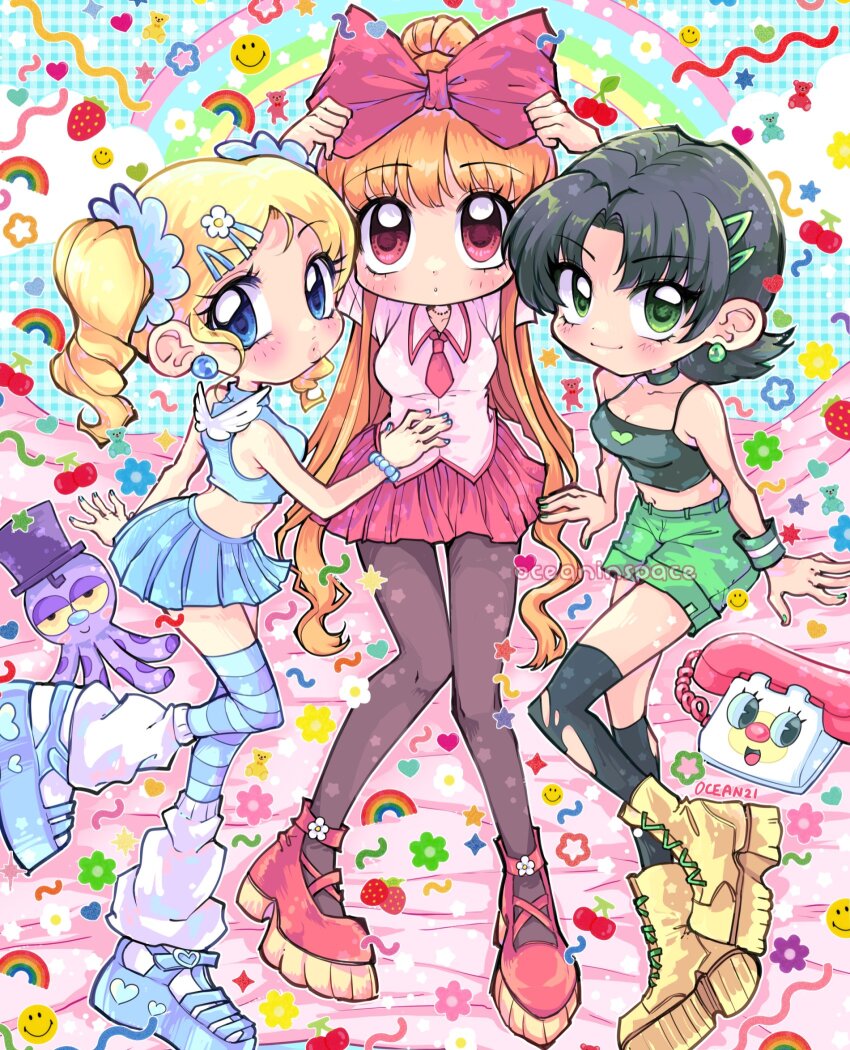 3girls, black_hair, blonde_hair, blossom_(ppg), blue_eyes, bubbles_(ppg), buttercup_(ppg), crop_top