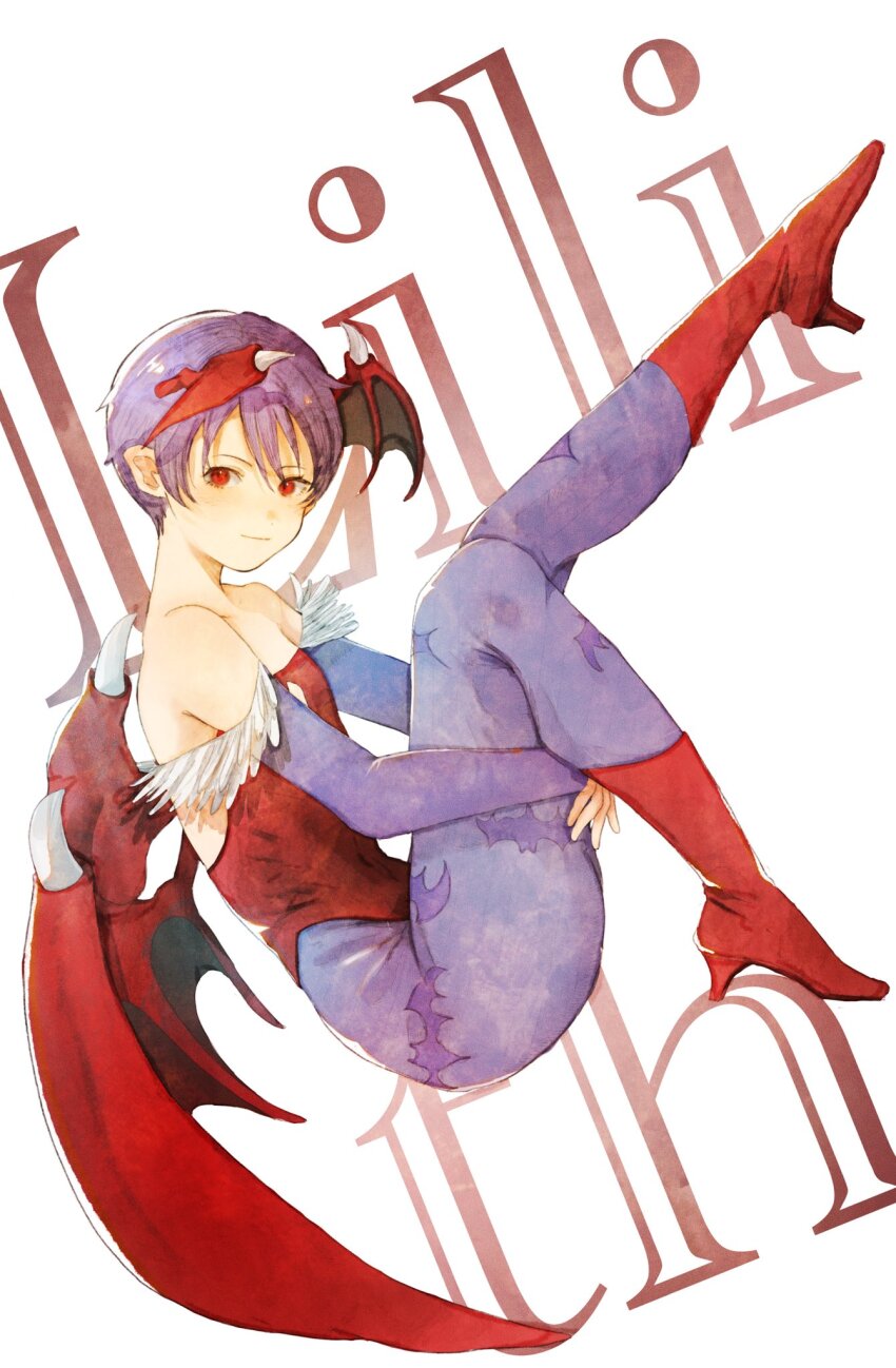 1girl, animal_print, bare_shoulders, bat_print, bat_wings, blue_pantyhose, boots, breasts