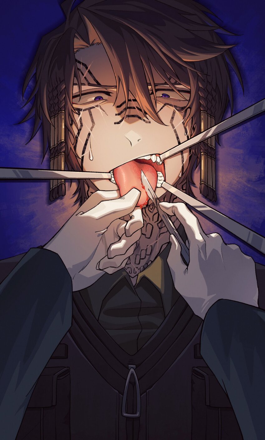 14_shizu, 1boy, 1girl, brown_hair, female_pov, gloves, green_jacket, hair_intakes