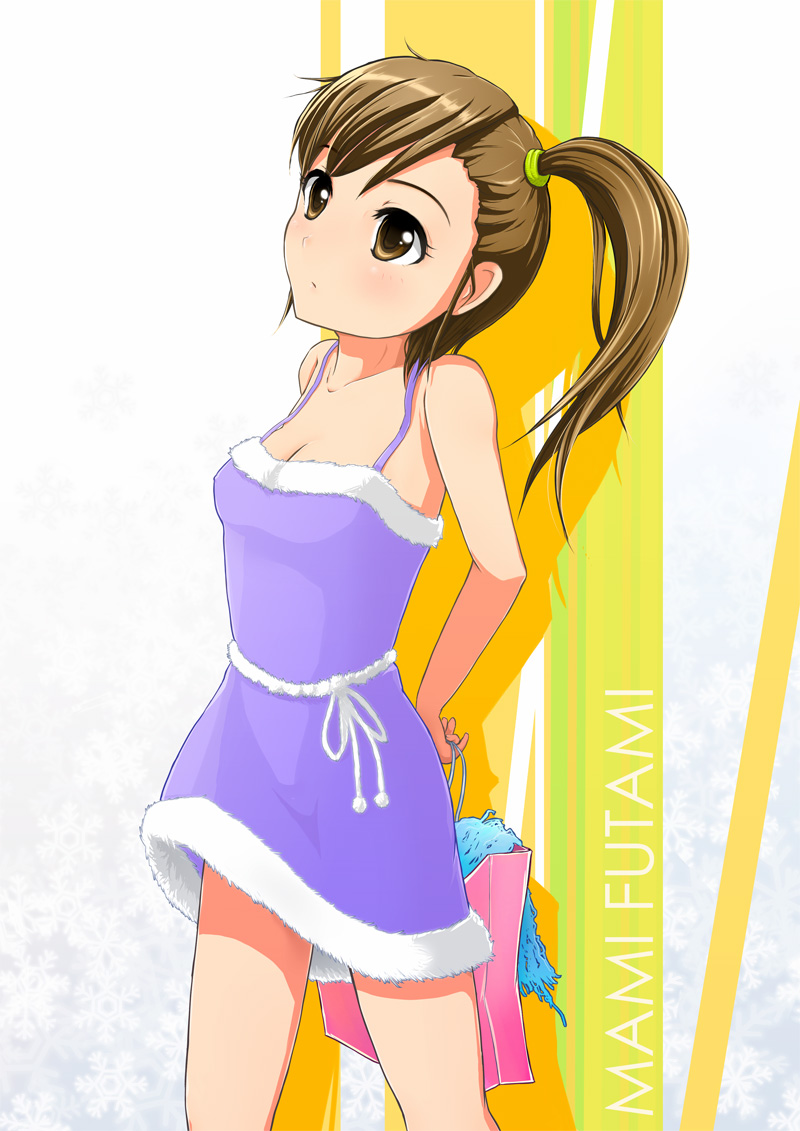 10s, brown_eyes, brown_hair, deza, futami_mami, idolmaster, idolmaster_(classic), idolmaster_2, long_hair, looking_up, side_ponytail, solo