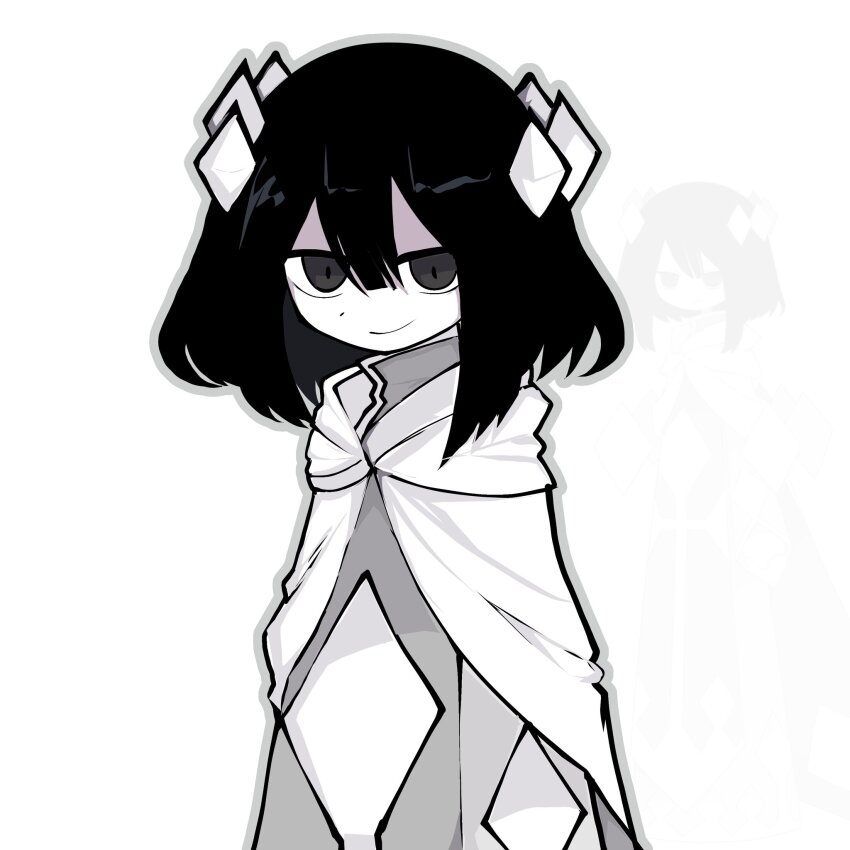 1girl, androgynous, black_hair, cape, cloak, closed_mouth, colored_skin, commentary