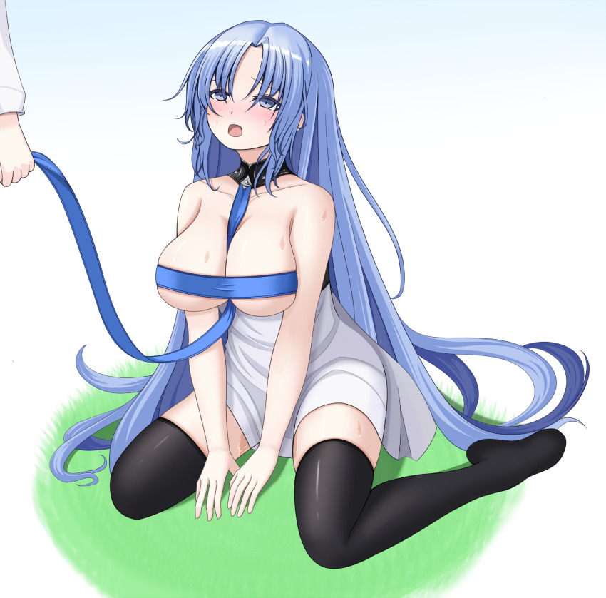 1boy, alsace_(azur_lane), asagiri_mito, azur_lane, bare_shoulders, between_breasts, between_legs, black_thighhighs