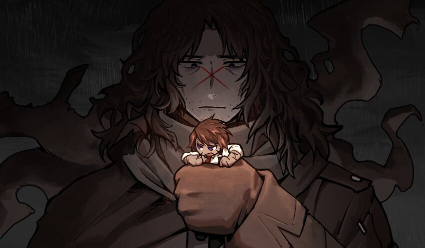 14_shizu, 2boys, brown_coat, brown_gloves, brown_hair, brown_scarf, coat, dark-skinned_male, dark_skin, erlking_heathcliff_(project_moon), gloves, hand_up, heathcliff_(project_moon), limbus_company, long_hair, long_sleeves, messy_hair, mini_person, miniboy, multiple_boys, open_mouth, project_moon, purple_eyes, scar, scarf