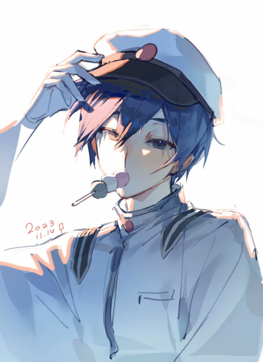 1boy, 2023, blue_eyes, commentary, dango, dated, expressionless, food