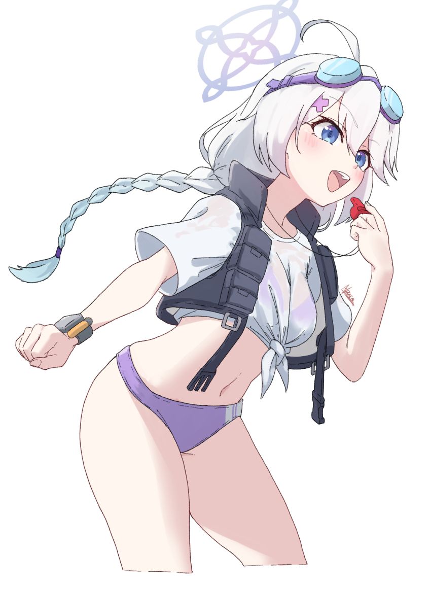 1girl, ahoge, alpaca_(alpaca00011), bikini, bikini_under_clothes, black_vest, blue_archive, blue_eyes