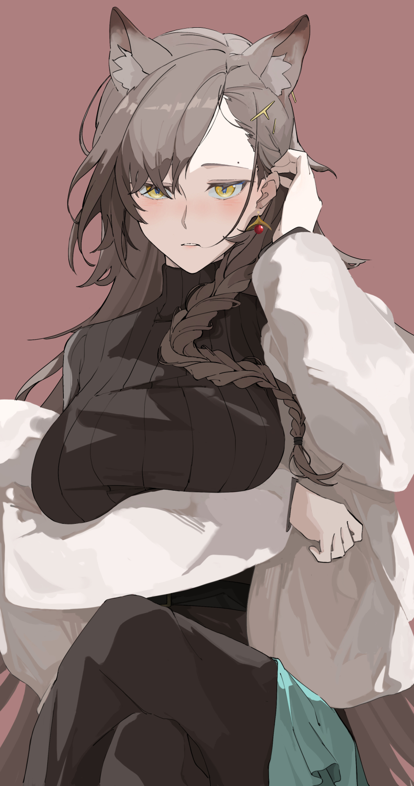 1girl, absurdres, adesu_(gekkahyouzin), animal_ears, arknights, black_sweater, blush, braid