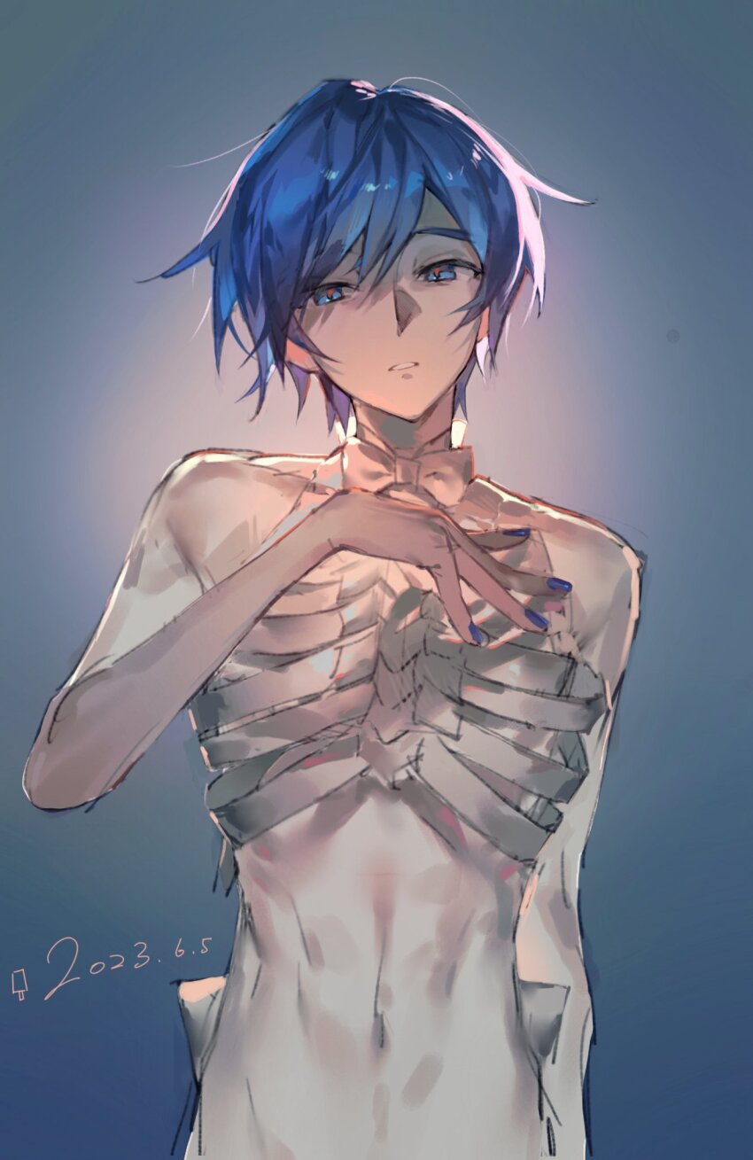 1boy, 2023, backlighting, blue_eyes, blue_hair, blue_nails, bone, bow