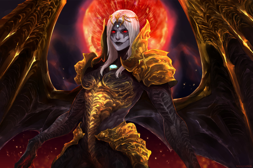 1girl, armor, black_lips, closed_mouth, colored_sclera, colored_skin, dalamud_(moon), diadem, dragon_girl, dragon_wings, final_fantasy, final_fantasy_xiv, gold_armor, highres, lipstick, long_hair, looking_at_viewer, makeup, monster_girl, nael_van_darnus, nixaluminos, red_eyes, red_sclera, scales, smile, solo, spread_wings, white_hair, white_skin, wings