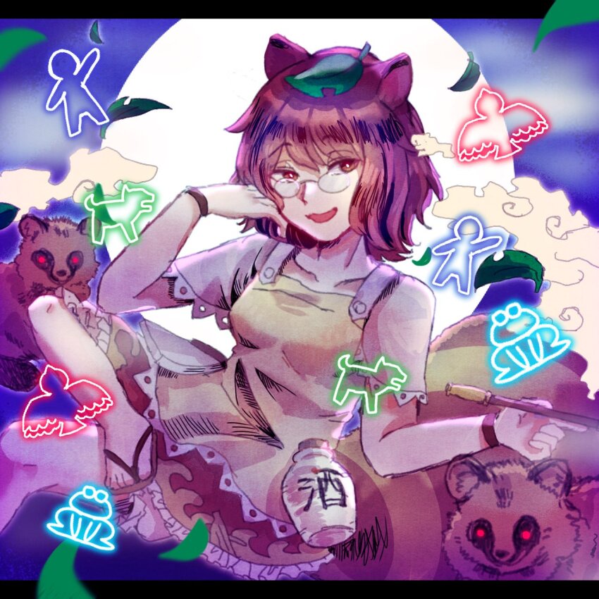 1girl, :3, animal_ears, breasts, brown_eyes, brown_hair, brown_sandals, brown_shirt