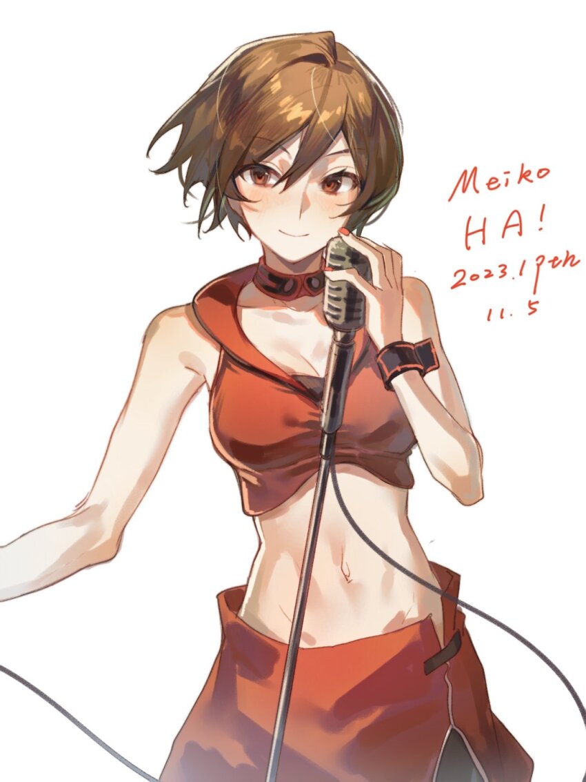 !, 2023, bare_shoulders, blush, breasts, brown_eyes, brown_hair, cleavage, commentary, crop_top, cropped_jacket, dated, hair_between_eyes, highres, holding, holding_microphone, kazemi_arashi, looking_to_the_side, meiko_(vocaloid), meiko_(vocaloid3), microphone, midriff, navel, red_nails, red_skirt, short_hair, simple_background, skirt, sleeveless, vocaloid, white_background
