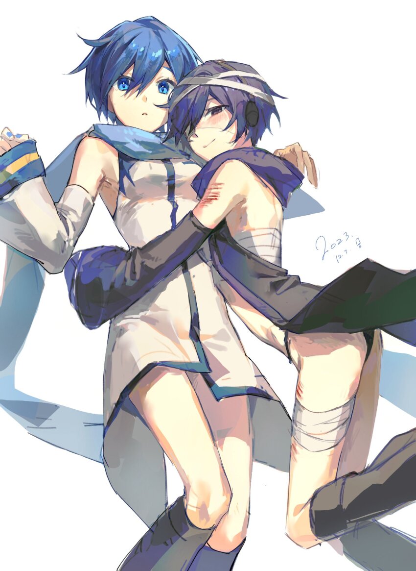 2023, 2girls, arm_warmers, ass, bandaged_chest, bandaged_head, bandaged_leg, bandages