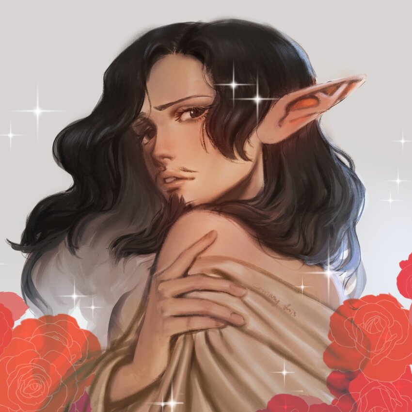 1boy, alternate_species, bare_shoulders, bishie_sparkle, black_hair, cemarhy, dungeon_meshi, elf