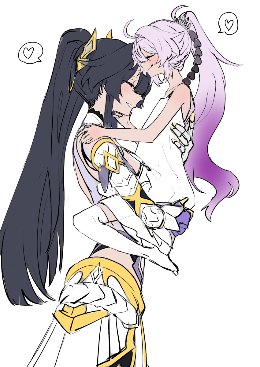 2girls, absurdres, aged_down, ahoge, bare_shoulders, blue_hair, blunt_bangs, blush