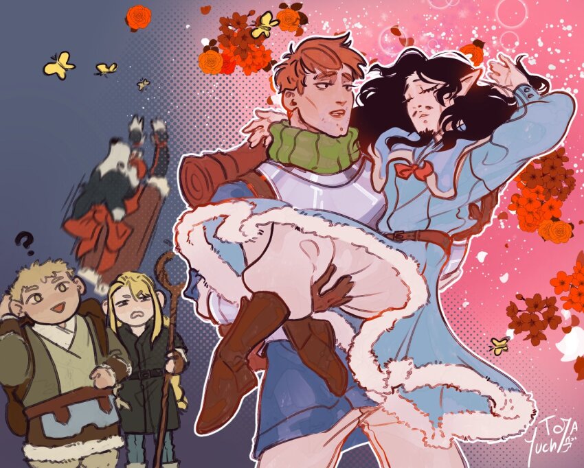 2girls, 3boys, ?, alternate_species, beard, bishie_sparkle, black_hair, blonde_hair