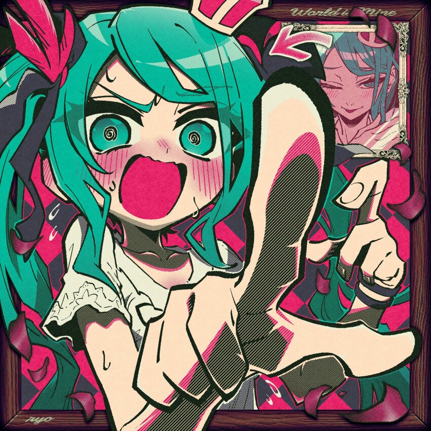 @_@, aqua_eyes, aqua_hair, blouse, blush, bracelet, checkered_background, collarbone