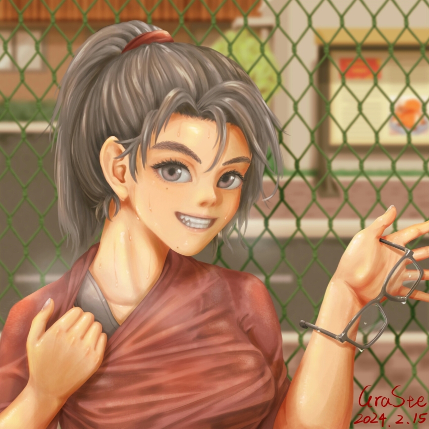 1girl, black_hair, blurry, blurry_background, bra_strap, building, chain-link_fence, collar_tug, commentary_request, dated, eyelashes, fence, glasses, gradysteely, grey_eyes, grin, highres, looking_at_viewer, original, outdoors, ponytail, red_shirt, road, shirt, signature, smile, solo, steam, steaming_body, street, sweat, sweaty_clothes, t-shirt, teeth, tomboy, unworn_eyewear, upper_body, wet_eyewear