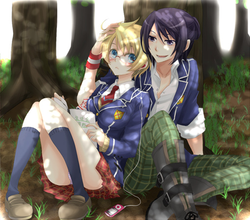 00s, 1boy, 1girl, adapted_costume, black_eyes, black_hair, blue_eyes, blush, flynn_scifo, flynn_scifo_(student_body_president), gender_request, genderswap, glasses, kawamura_raichi, official_alternate_costume, panties, pantyshot, school_uniform, sitting, skirt, tales_of_(series), tales_of_vesperia, tree_shade, underwear, upskirt, yuri_lowell