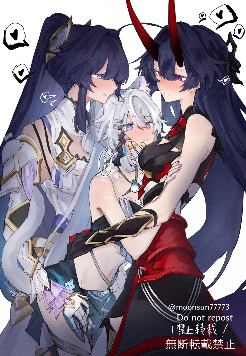 3girls, absurdres, ahoge, animal_ears, bare_shoulders, blue_eyes, blue_hair, blunt_bangs