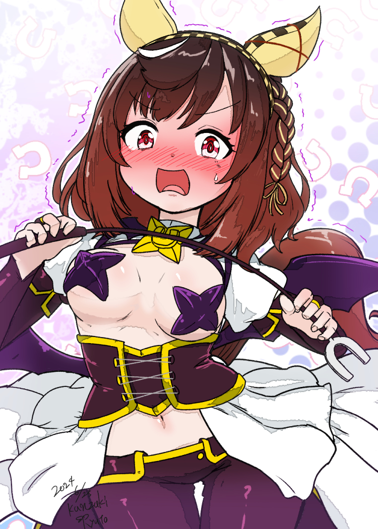 1girl, animal_ears, breasts, brown_eyes, brown_hair, buena_vista_(old_design)_(umamusume), cosplay, covered_erect_nipples, embarrassed, hair_between_eyes, hair_ornament, headband, horse_ears, horse_tail, kanzaki_ryuuto, looking_at_viewer, magia_baiser, mahou_shoujo_ni_akogarete, medium_breasts, midriff, navel, pantyhose, red_eyes, simple_background, solo, sweat, tail, umamusume, voice_actor_connection, whip, white_background