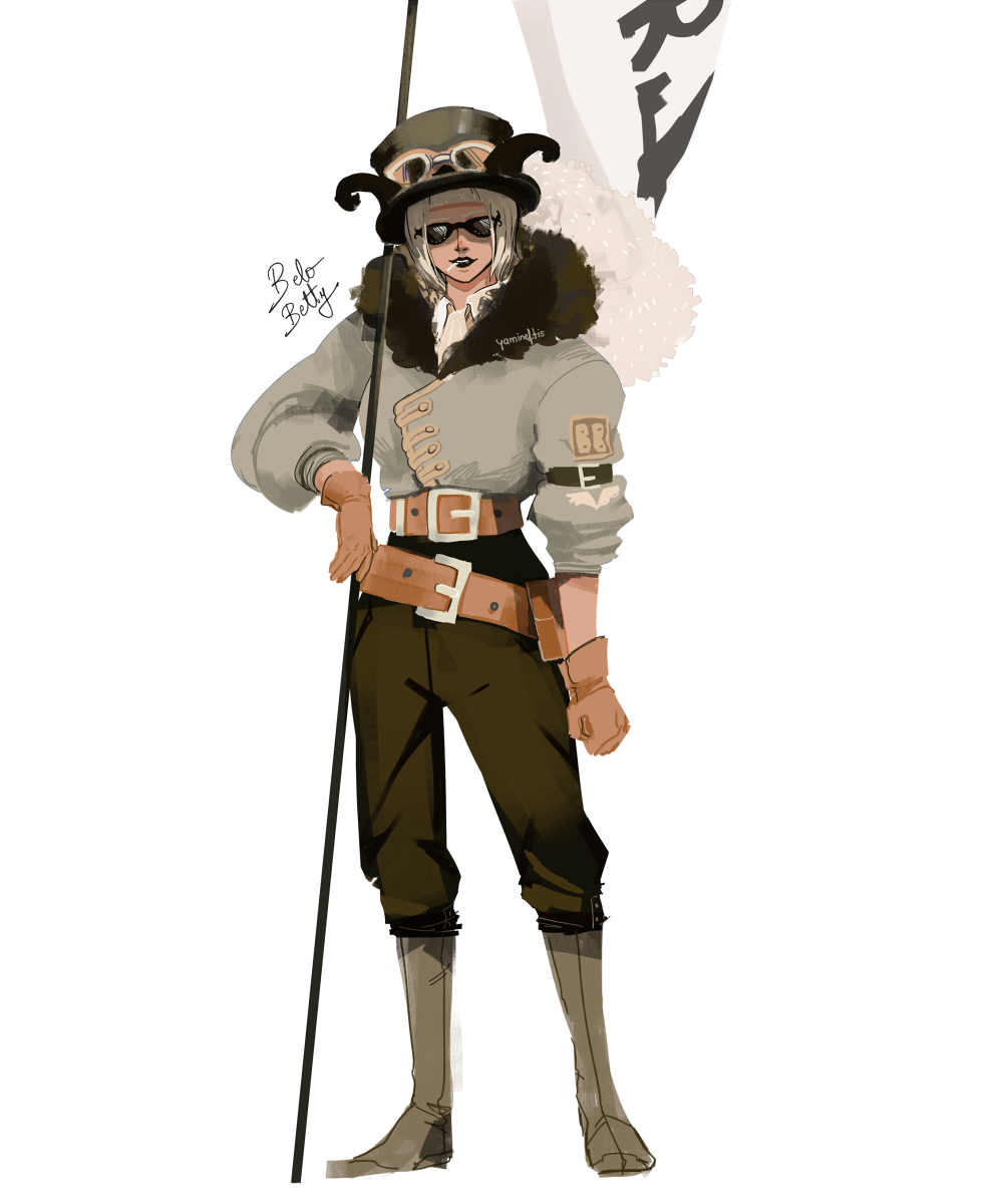 1girl, belo_betty, belt, black_pants, bob_cut, boots, brown_gloves, character_name, cigarette, commentary, english_commentary, flag, full_body, fur-trimmed_jacket, fur_trim, gloves, goggles, goggles_on_headwear, hat, highres, holding, holding_flag, jacket, one_piece, pants, short_hair, simple_background, solo, sunglasses, white_background, yamineftis