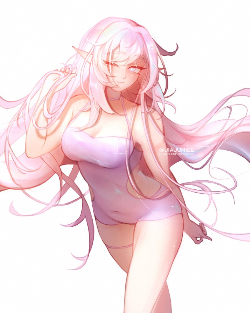 1girl, bare_legs, bare_shoulders, breasts, cleavage, clothing_cutout, commentary, elf